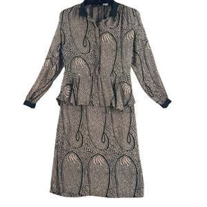 Vtg Saint Romei Womens Dress Silk Sz 10 Peplum 1980s Black Tan
